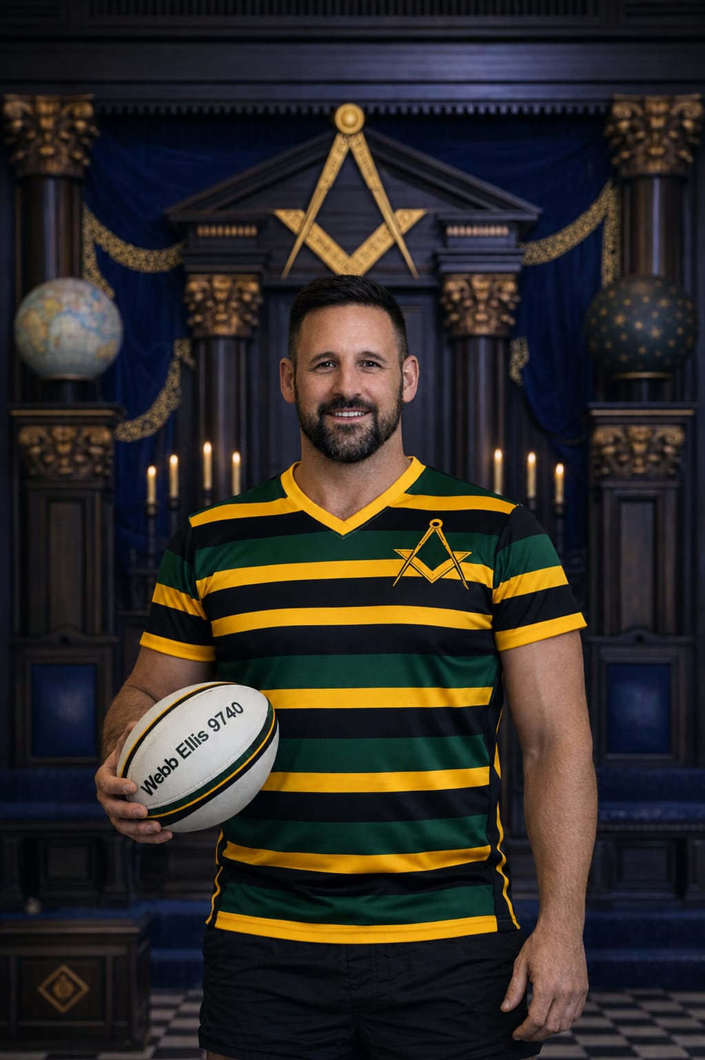 A rugby player holding a ball in Masonic surroundings